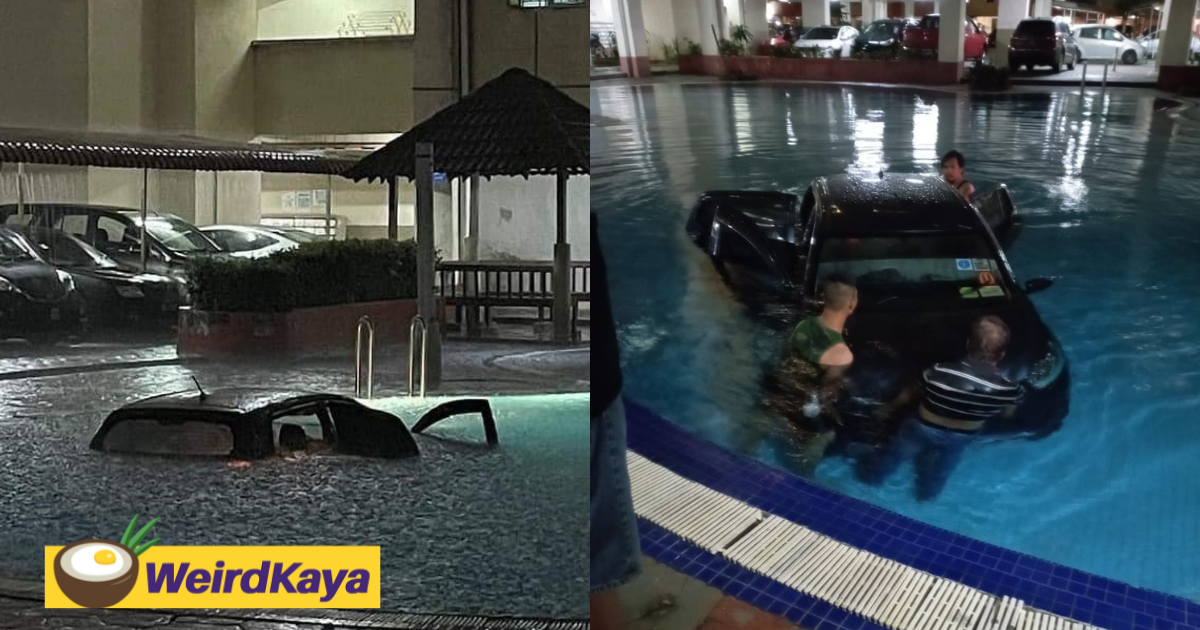 E-hailing driver accidentally plunges his car into kl condo swimming pool due to poor visibility | weirdkaya
