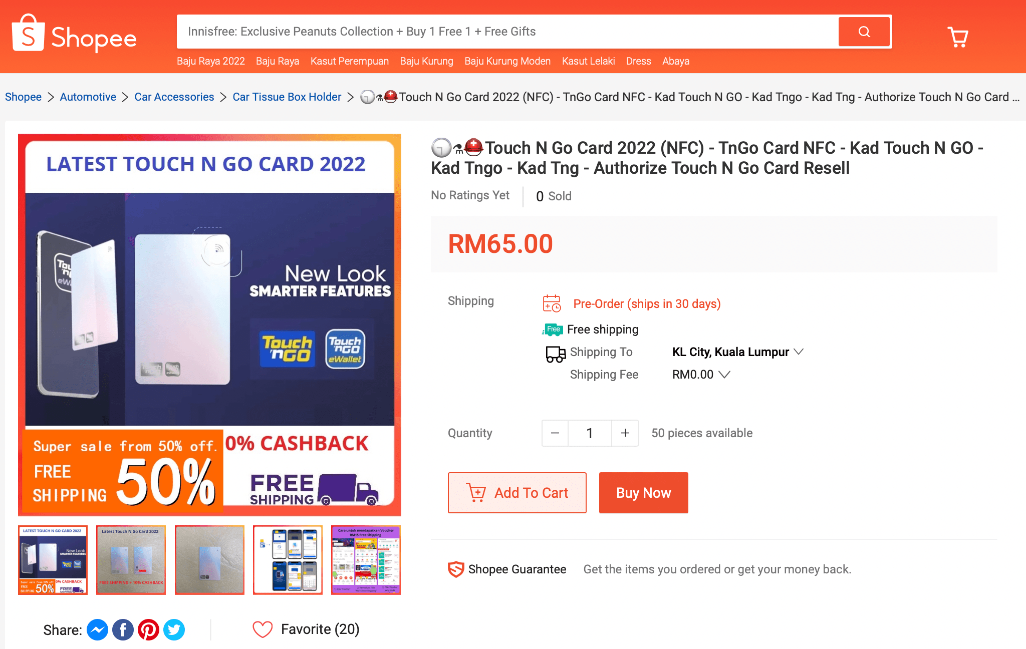 Enhanced touch 'n go card resold on shopee & carousell for rm65, 6 times higher than original price 02