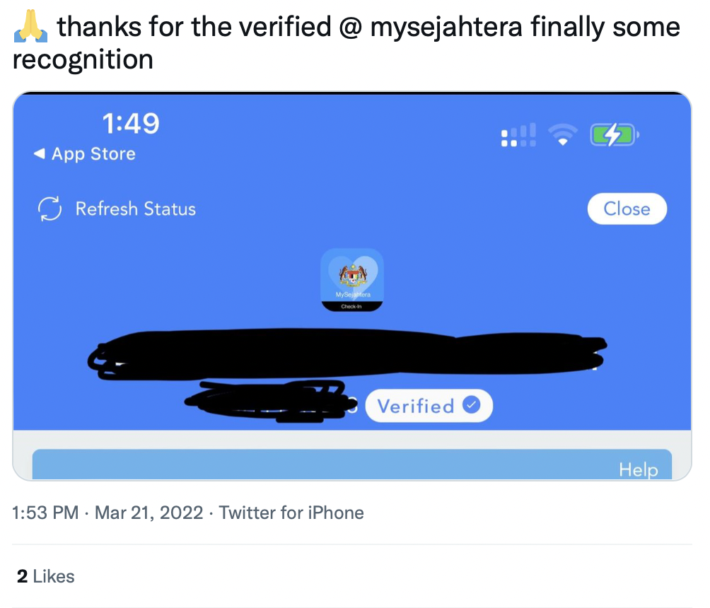Mysejahtera blue tick verification comment 09