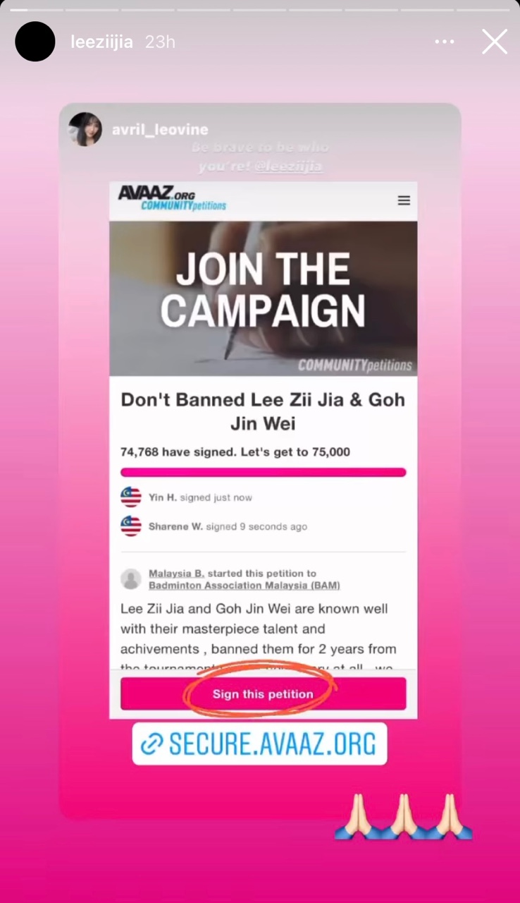 Petition to support lee zii jia and goh jin wei 1