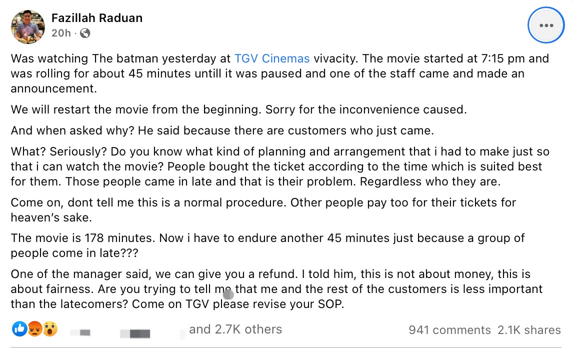 Tgv restarts ‘the batman' movie 45 minutes into screening over miscommunication, offers apology and refund | weirdkaya