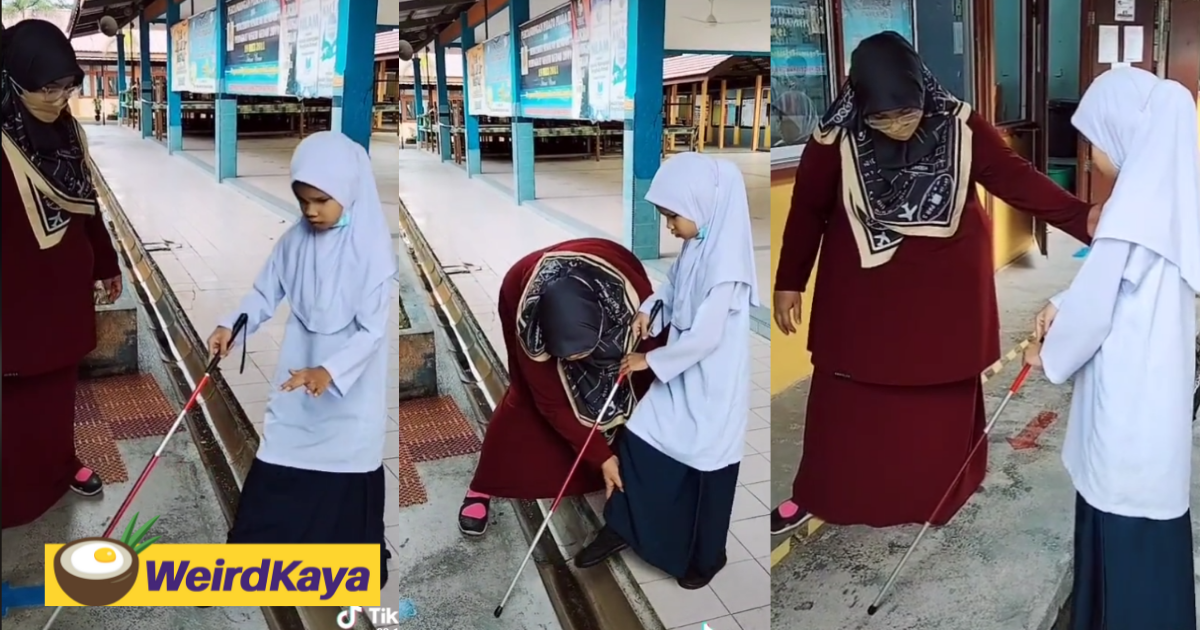 Kind teacher who helped blind student cross a mini drain earns praise from netizens | weirdkaya