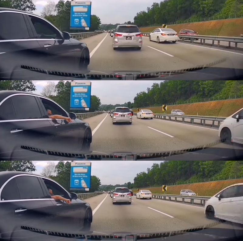 Vvip? Mercedes car driver points middle finger to another car who tries to block him for using emergency lane 03