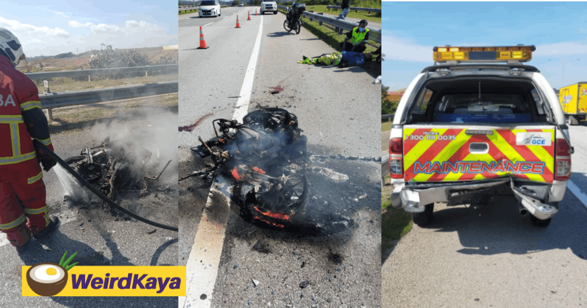 Motorcycle caught on fire after crashing into lorry on highway | weirdkaya