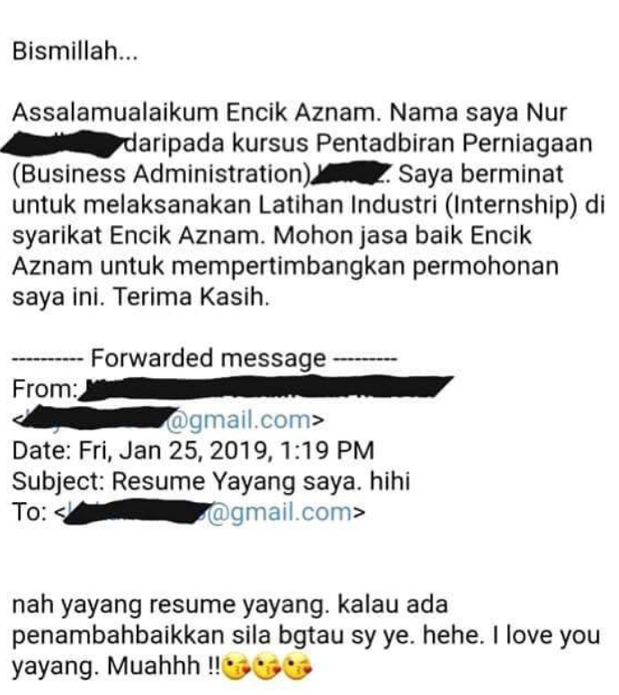 Applicant mistakenly sends internship cv and bf's 